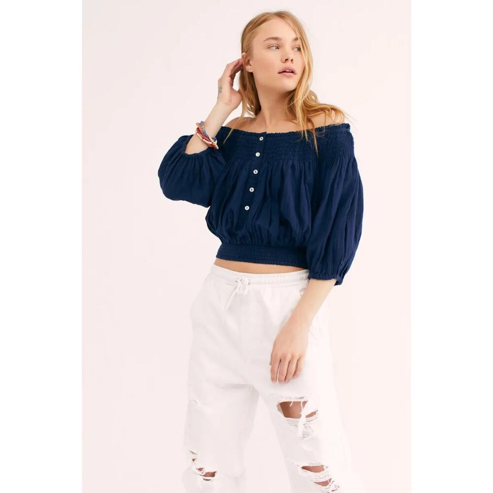 Free People We the Free Dancin' Till Dawn Navy Blue Off‎ the Shoulder Top Small